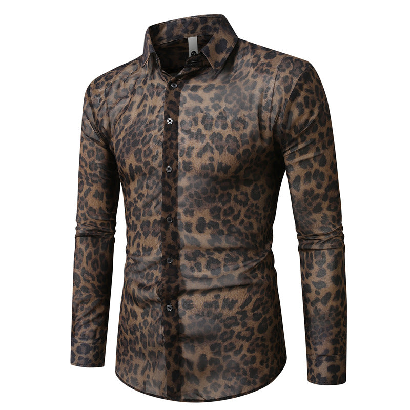 Herren nan tailliertes Langarmhemd mit auffälligem Leoprint, leichter Satinoptik und elastischem Slim Fit Echo Archiv