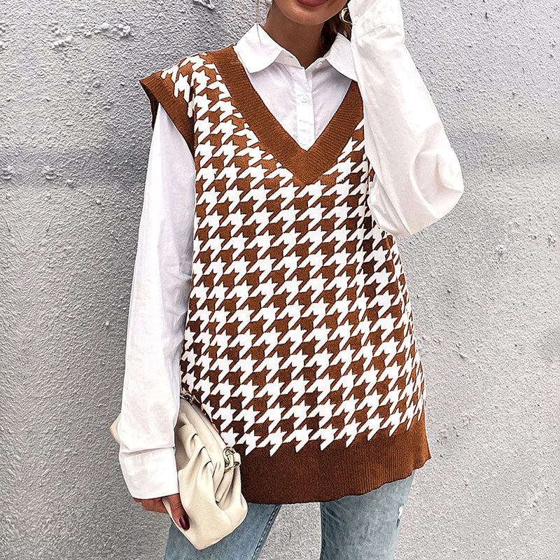 Damen Hochwertiger Strickpullover mit V-Ausschnitt und Hahnentrittmuster Echo Archiv