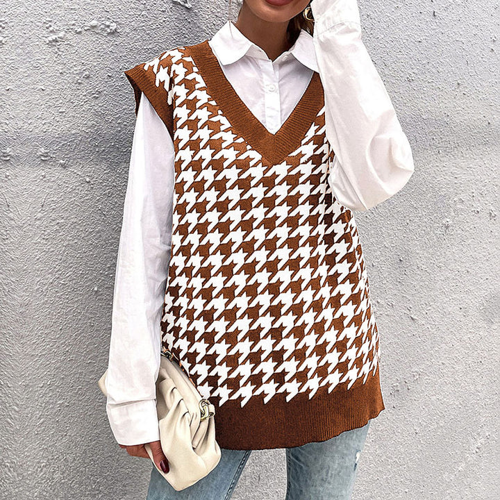 Damen Hochwertiger Strickpullover mit V-Ausschnitt und Hahnentrittmuster Echo Archiv