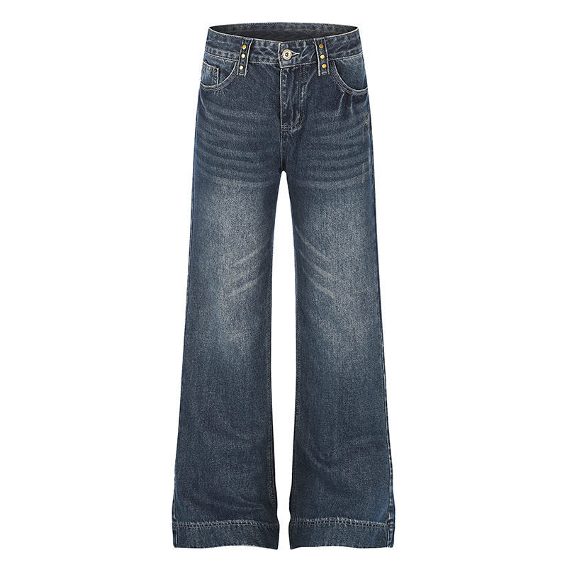 Damen Weite High‑Waist Denim Palazzo-Jeans mit weitem Bein und Vintage-Waschung Echoarchiv