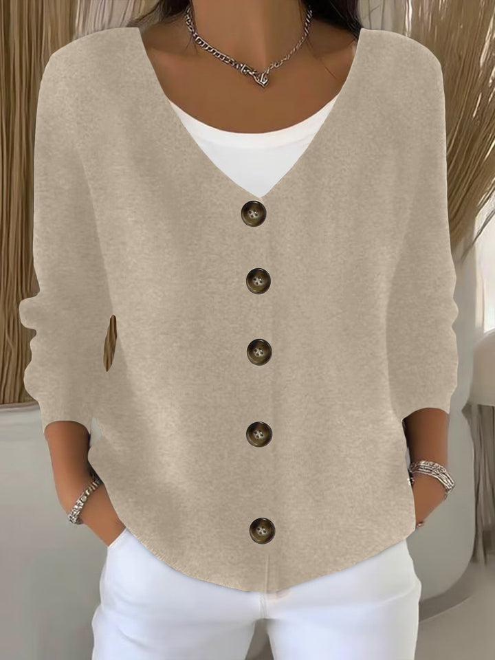 Damen Lockerer V-Ausschnitt Feinstrick-Cardigan mit Holzknopfleiste – Veloura