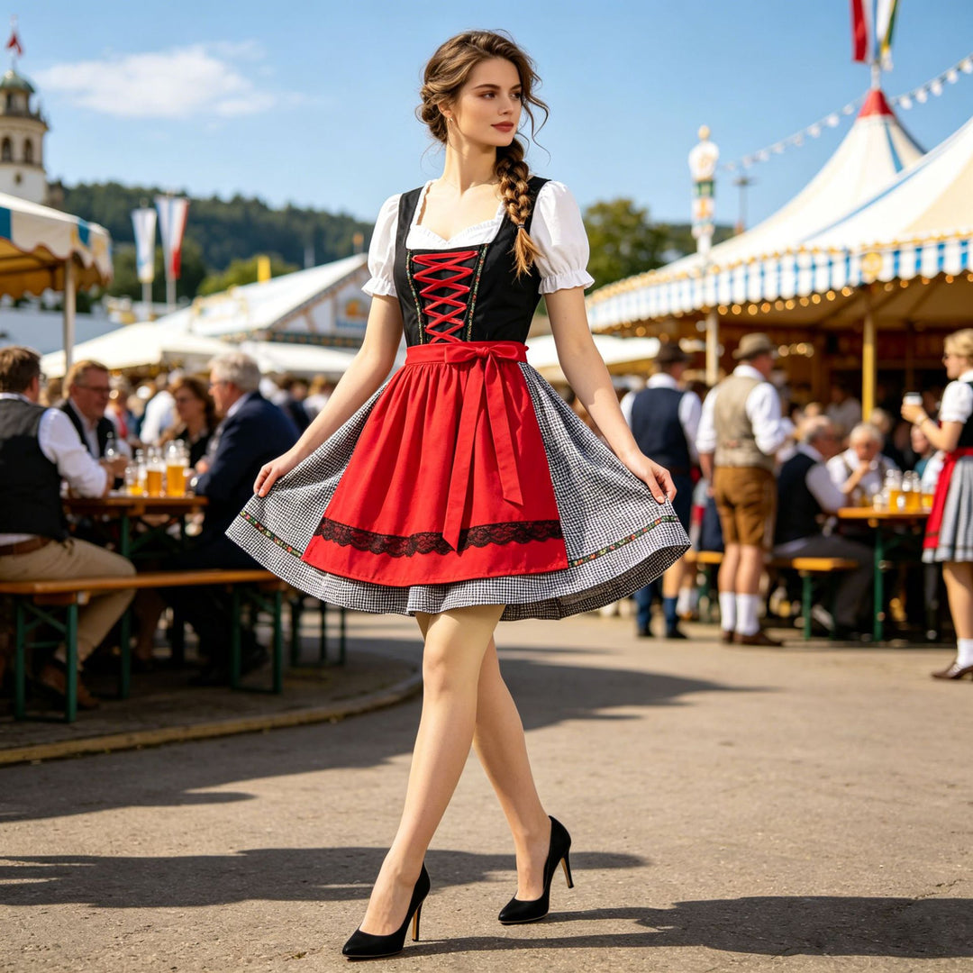 Damen nan kurztailliertes Dirndlkleid mit Schnürmieder und Schürze Echo Archiv