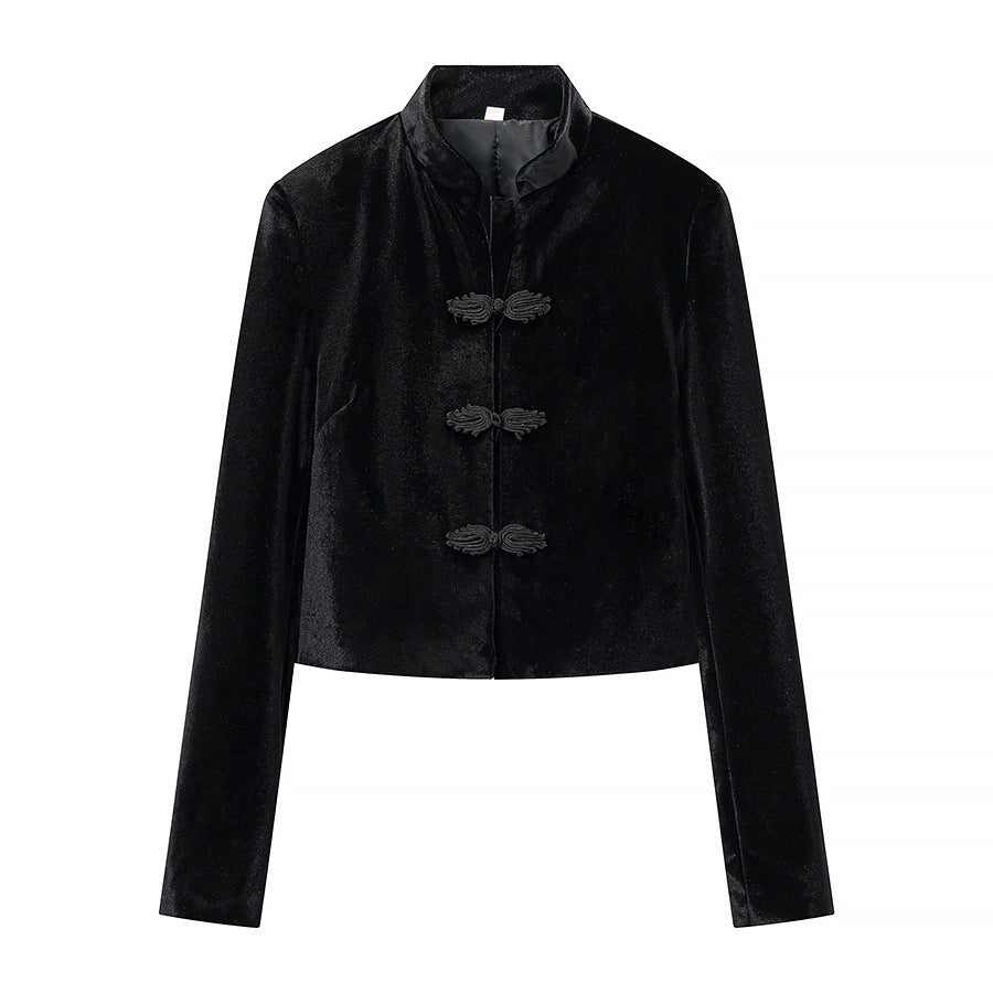 Damen taillierte kurze Mandarinjacke mit Stehkragen und dekorativen Knotenverschlüssen – Célinea