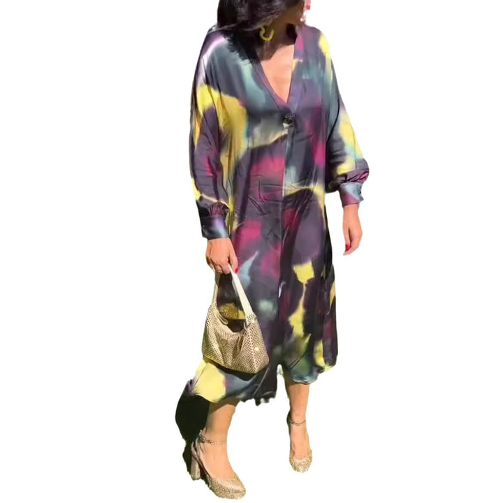 Damen nan fließendes Midikleid mit abstraktem Print, V-Ausschnitt, Ballonärmeln und Schmuckverschluss Echo Archiv
