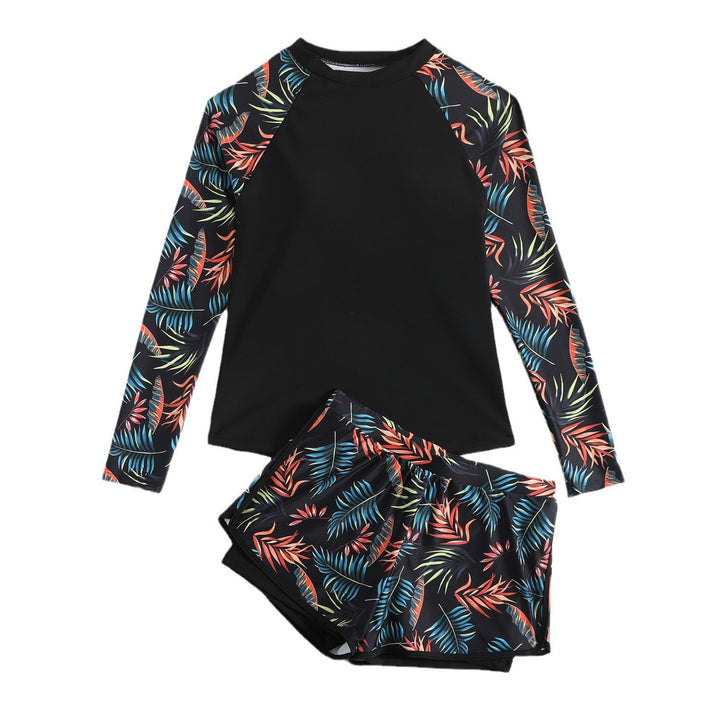 Damen Sportlicher Langarm Rashguard mit buntem Blattdesign Echo Archiv
