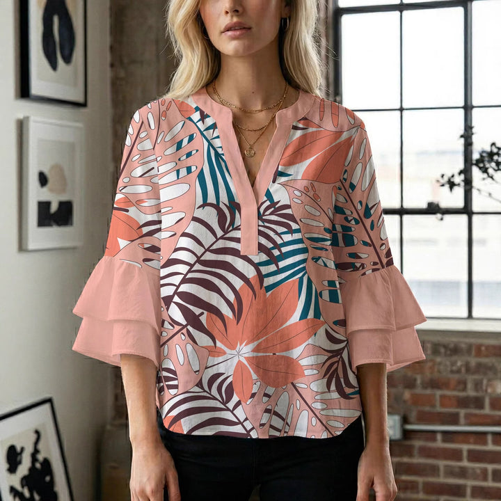 Damen Blusenshirt mit voluminösen Ärmeln und kreativem Druckdesign Echo Archiv