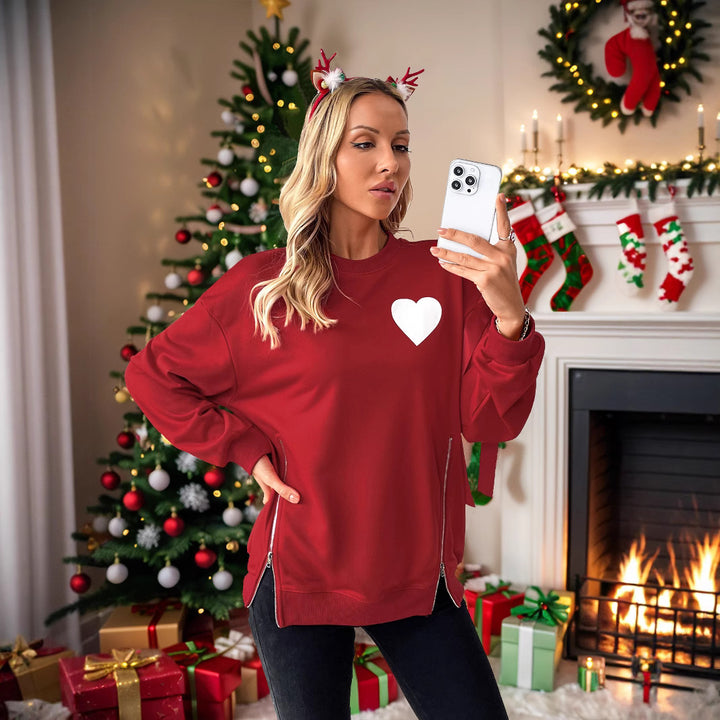 Damen Weihnachtlicher Sweatshirtpullover mit Herzapplikation und Seitenschleifen Echoarchiv