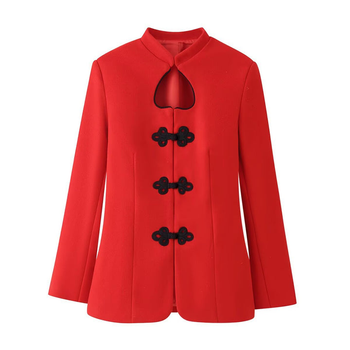 Damen Chinesisch-inspirierte Manteljacke mit Stehkragen und dekorativen Knotenverschlüssen Echo Archiv