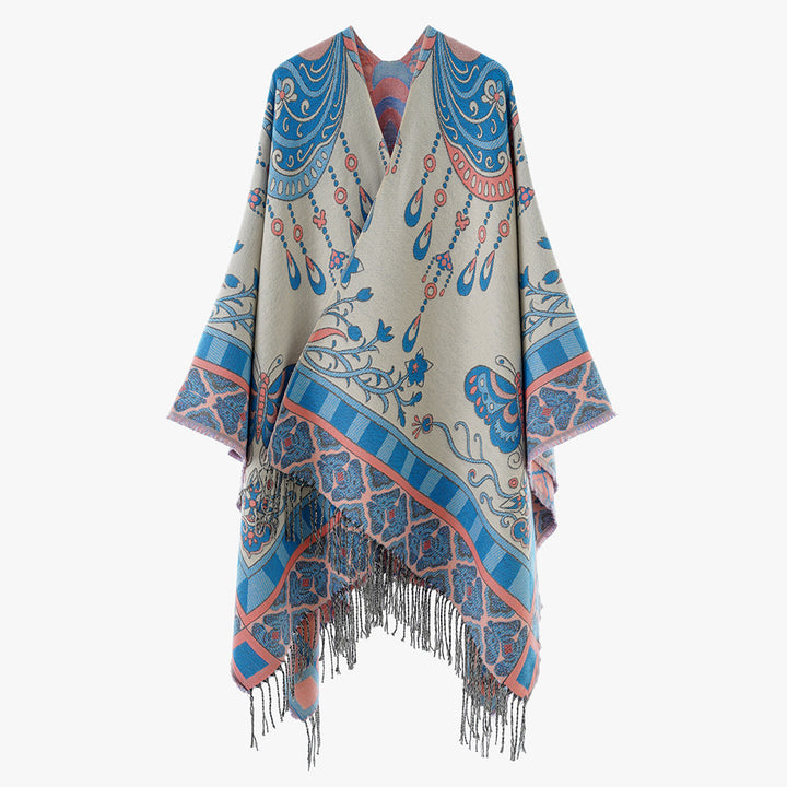Damen Gewebter Kimono-Poncho mit Ornamentjacquard, V-Ausschnitt und Fransensaum – Avérine