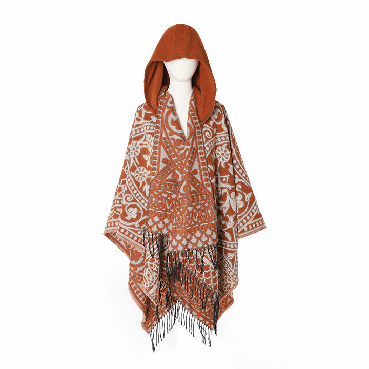 Damen Kapuzen-Ruana aus Wollmix mit Ornament-Jacquard und Fransen – Avérine