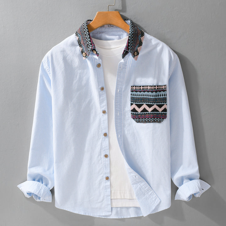 Herren Gestreiftes Baumwollhemd mit Jacquard-Kragen und Taschenbesatz Echoarchiv