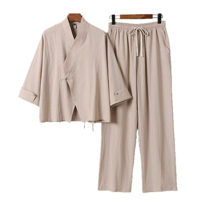Unisex Leichtes Zen-Lounge-Set im Kimono-Stil mit überschnittener Schulter verdeckter Knotenleiste und elastischer Tunnelzughose Echoarchiv