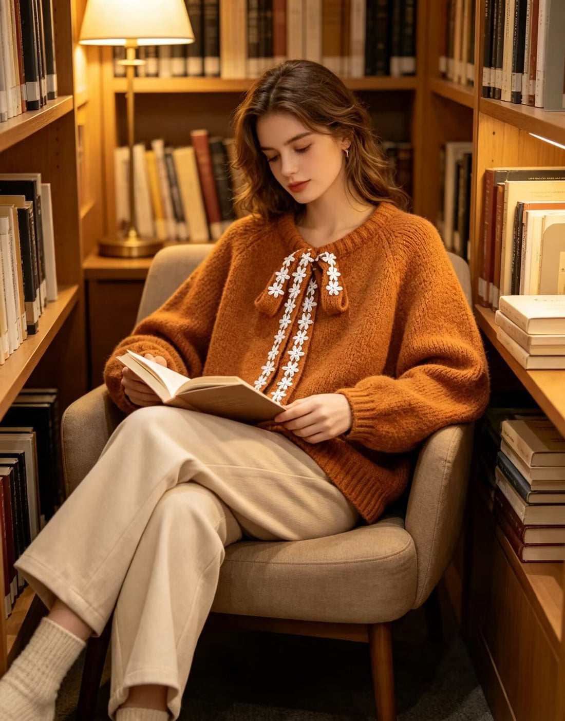 Damen Oversize Strickpullover mit dekorativem Blumen-Spitzenband Echoarchiv