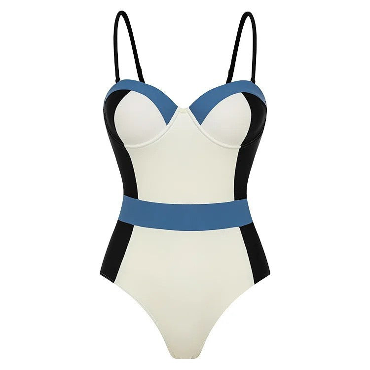 Damen High-Waist Einteiler Badeanzug mit modernem Schnitt und verspielten Farbblockelementen Echo Archiv