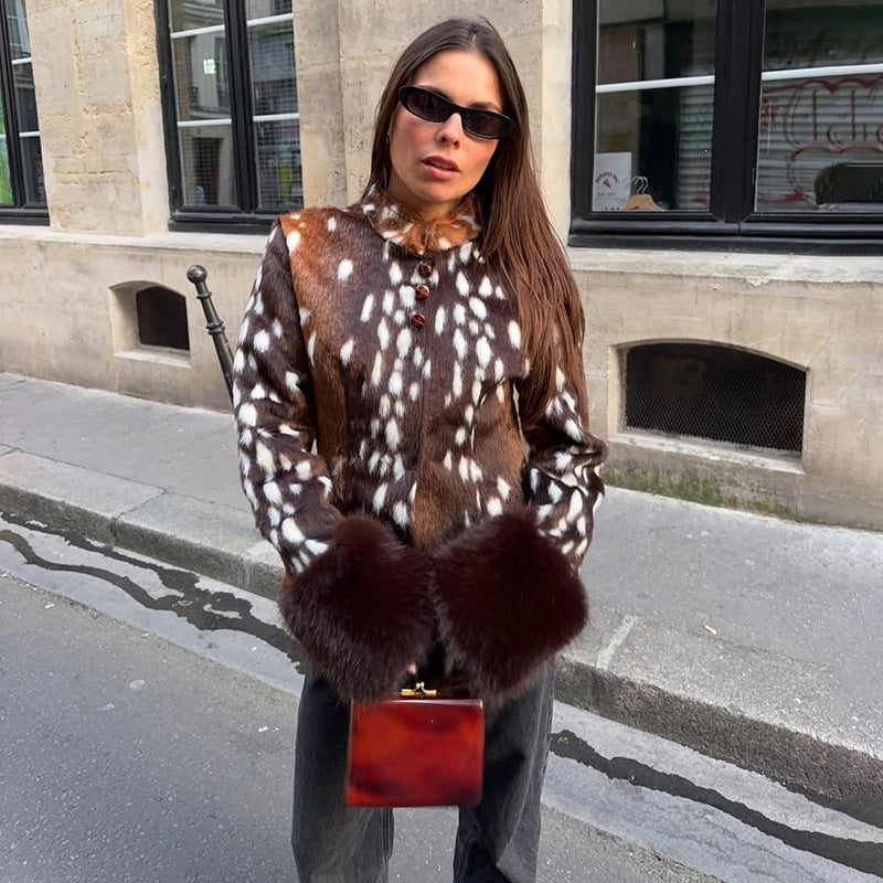 Damen Taillierte Kurzjacke mit Leopardenmuster und Kunstpelzmanschetten Echo Archiv