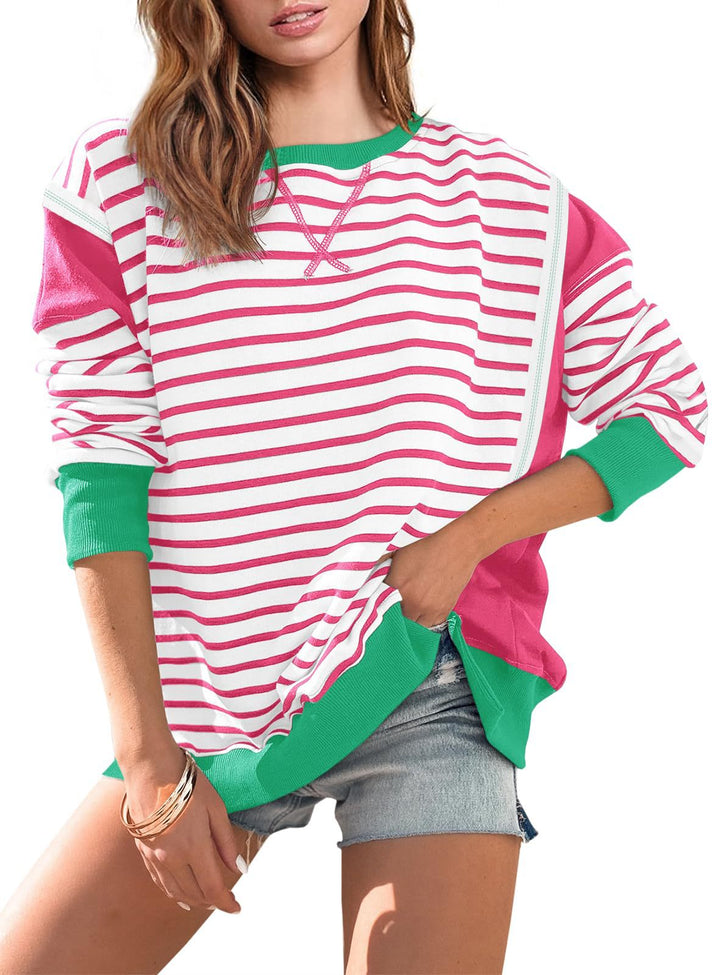 Damen Oversize Streifen-Sweatshirt mit Rundhalsausschnitt und Colorblock-Ärmeln – Avérine