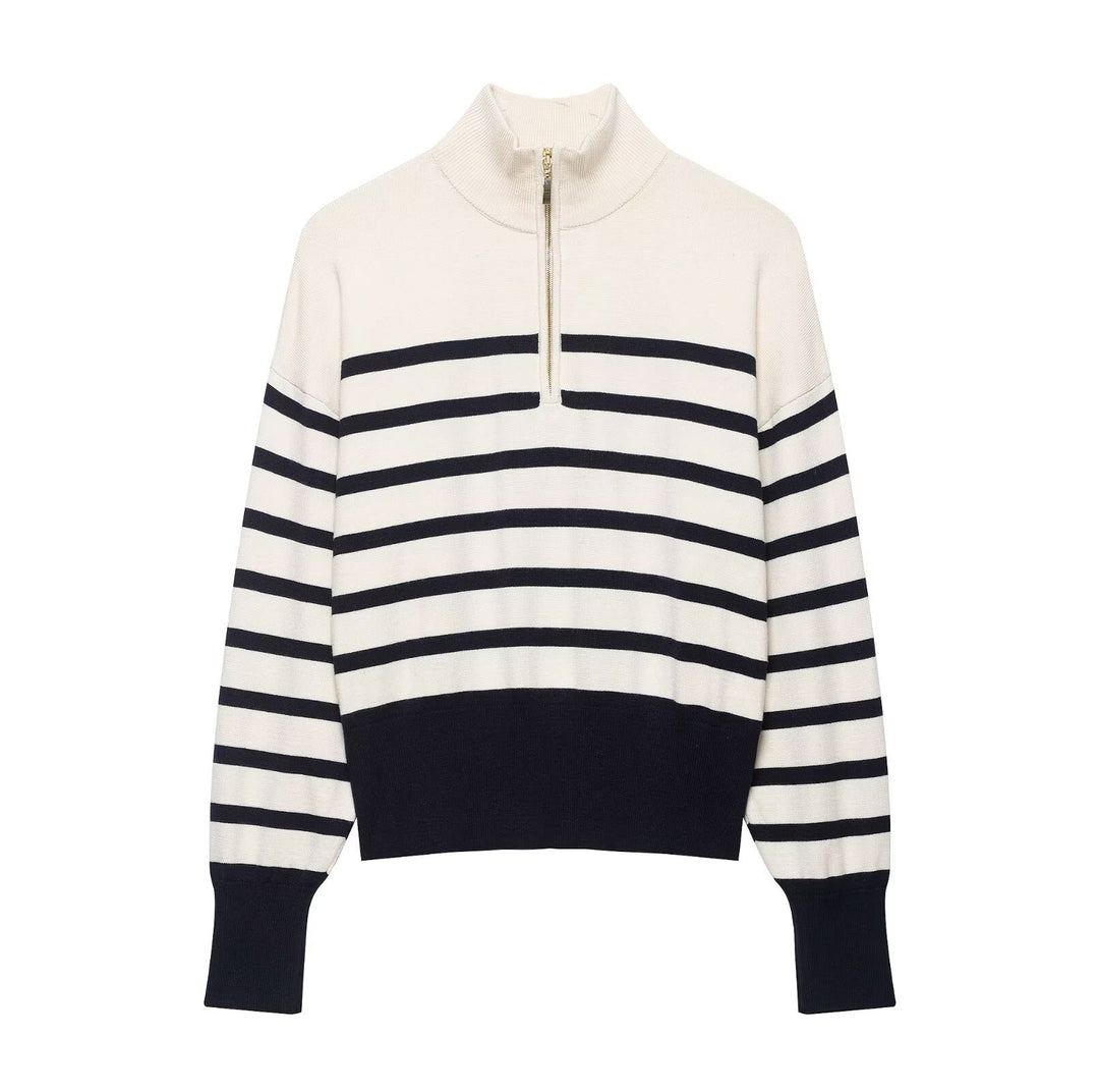 Damen Cropped Boxy Strickpullover mit halbem Reißverschluss, Stehkragen und breiten Streifen Echoarchiv