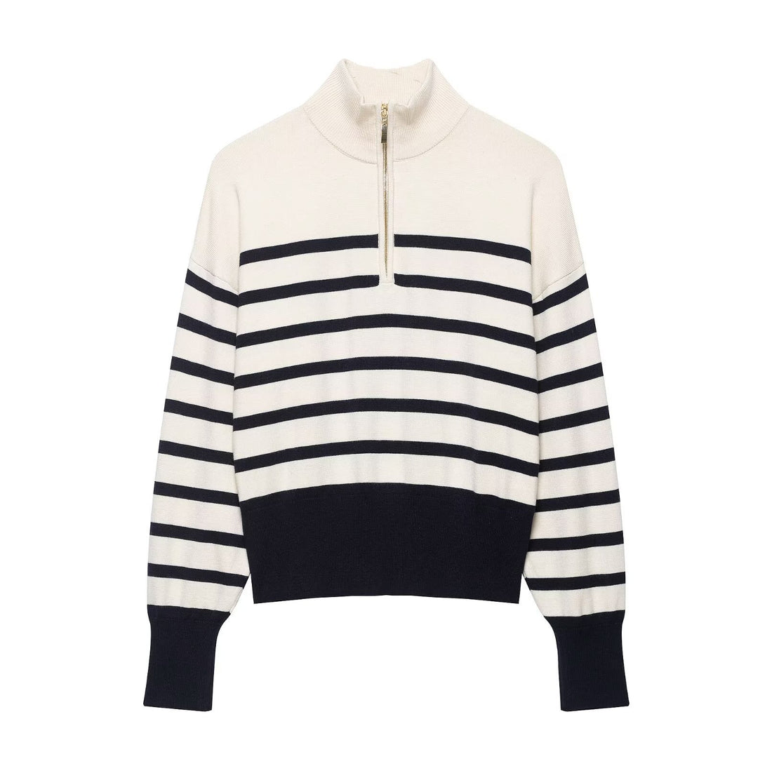 Damen Cropped Boxy Strickpullover mit halbem Reißverschluss, Stehkragen und breiten Streifen Echoarchiv