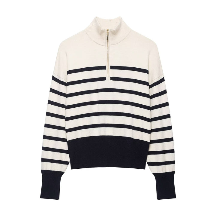 Damen Cropped Boxy Strickpullover mit halbem Reißverschluss, Stehkragen und breiten Streifen Echoarchiv