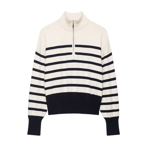 Damen Cropped Boxy Strickpullover mit halbem Reißverschluss, Stehkragen und breiten Streifen Echoarchiv