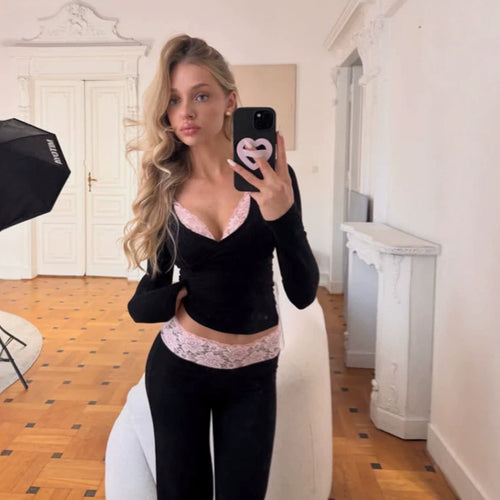 Damen Figurbetontes Lounge-Set mit Spitzendetail, High‑Waist Leggings & Crop-Top Echoarchiv
