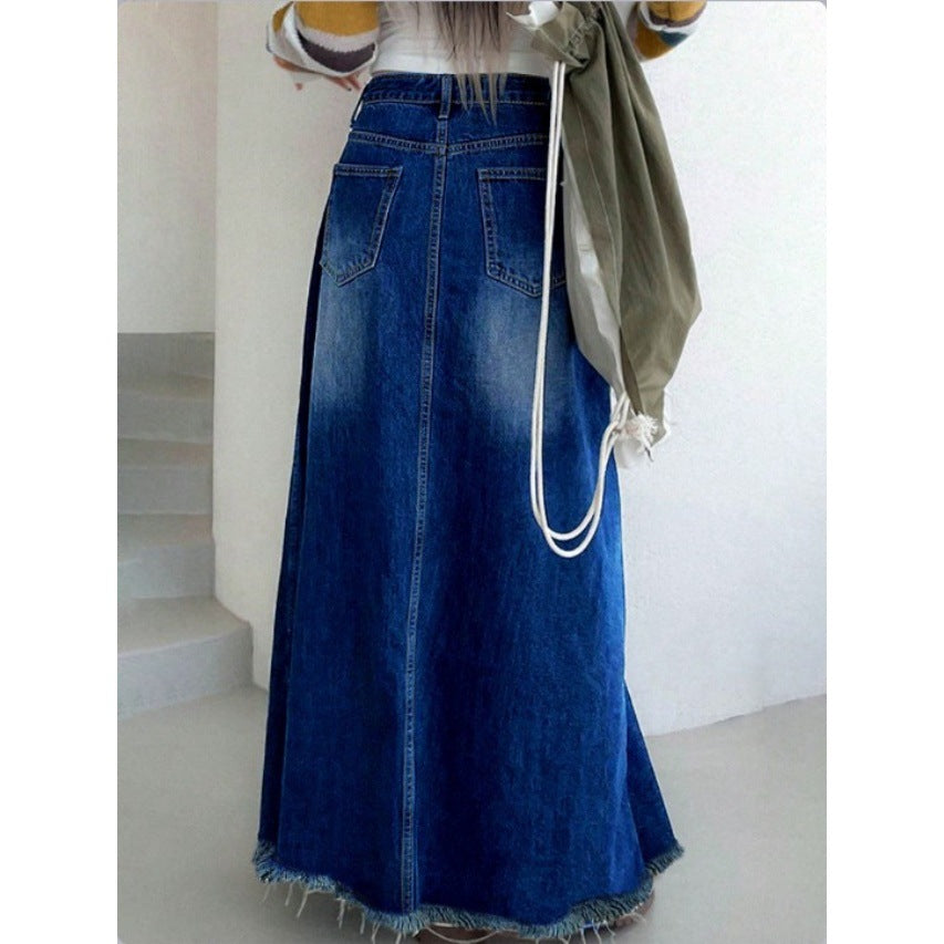 Damen Langer Vintage-Jeansrock im A-Linien-Schnitt mit taillenhohem Bund und ausgefranstem Saum Echo Archiv