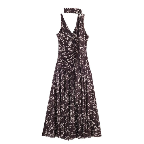 Damen Maxikleid mit floralem Rüschenversatz und elegantem V-Ausschnitt Echo Archiv