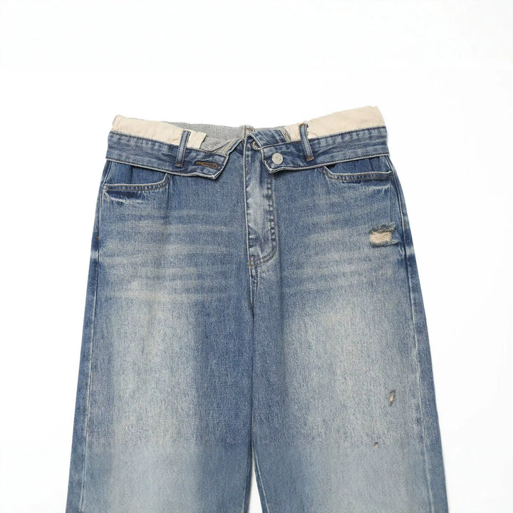 Damen Weite Ripped Denim‑Jeans mit Knie‑Löchern und hoher Leibhöhe Echo Archiv