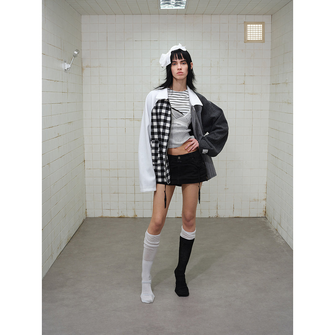Unisex Kastig geschnittene Patchwork-Blousonjacke aus Wollmix mit Hemdkragen Echoarchiv