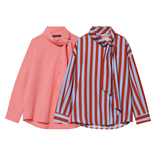 Damen Oversize Bluse mit Schleifenkragen und feinen Streifen Echo Archiv