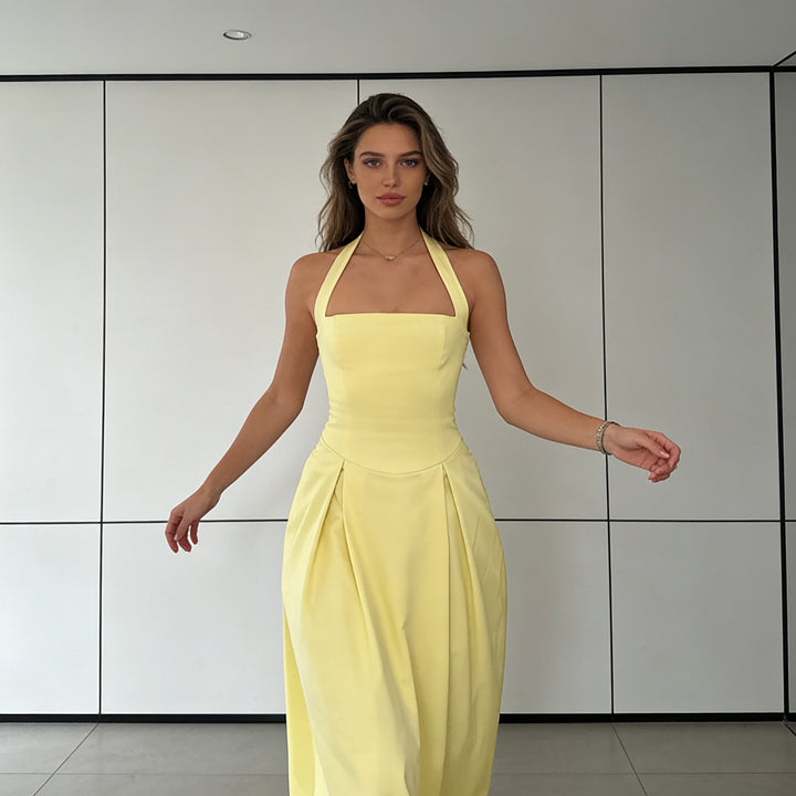 Damen Elegantes Midikleid mit tiefem V-Ausschnitt und stilvollem Faltenrock Echo Archiv