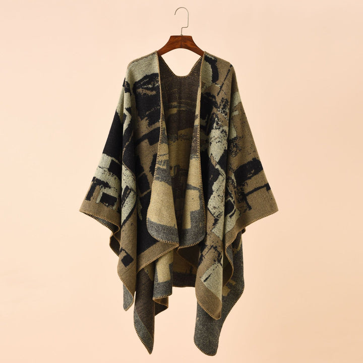 Damen Oversize-Umhangruana aus Wollmix mit abstraktem Jacquard und Zierstichkante – Célinea