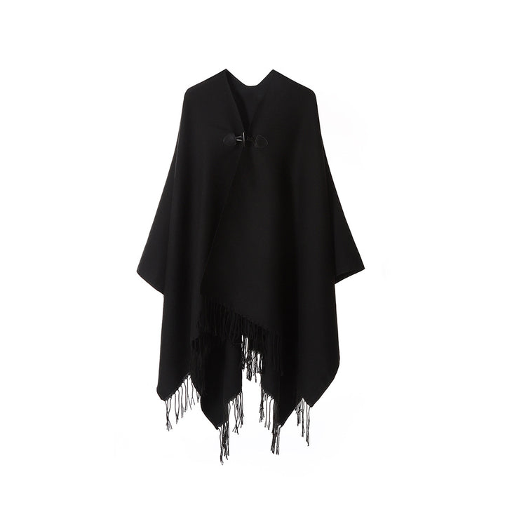 Damen Leichter Wasserfall‑Poncho mit Knebelverschluss, asymmetrischem Saum und Fransenkante – Avérine