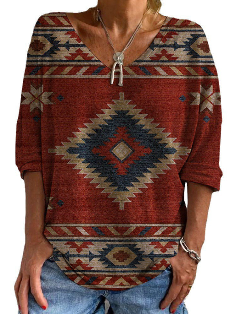 Damen Aztekisch gemustertes Oversize-Tunika-Top mit V-Ausschnitt und dreiviertel-Ärmeln – Avérine