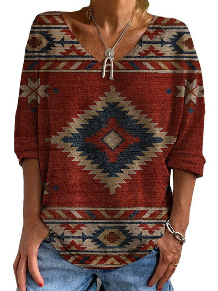 Damen Aztekisch gemustertes Oversize-Tunika-Top mit V-Ausschnitt und dreiviertel-Ärmeln – Avérine