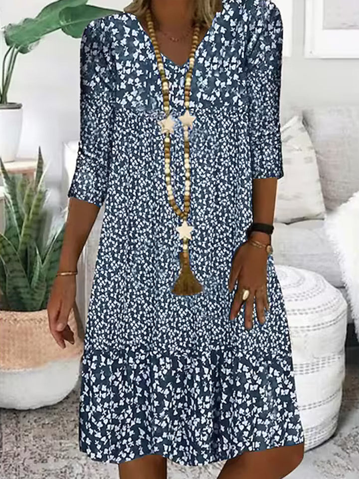 Damen Lockeres Midi-Kleid im Boho-Stil mit V-Ausschnitt, Dreiviertelärmeln und gestuftem Saum – Élara