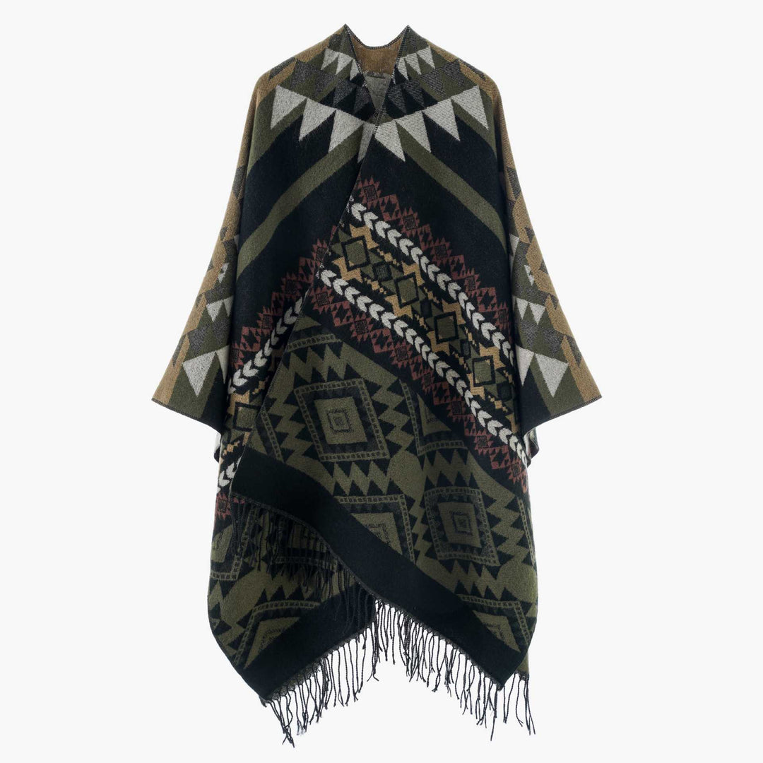 Damen Oversize Jacquard‑Cape im Ethno‑Jacquard mit Fransen – Avérine