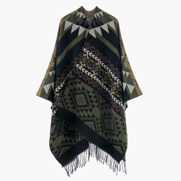 Damen Oversize Jacquard‑Cape im Ethno‑Jacquard mit Fransen – Avérine