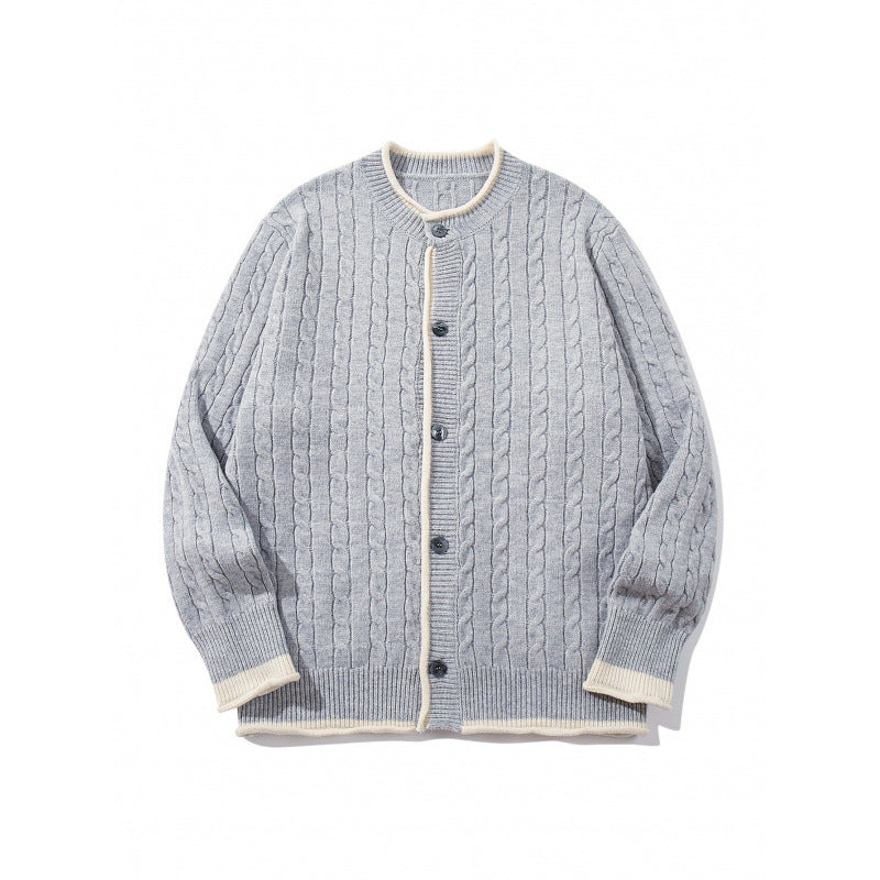 Unisex Feinstrick-Cardigan mit Zopfmuster, Rundhalsausschnitt und Kontrastblende Echo Archiv