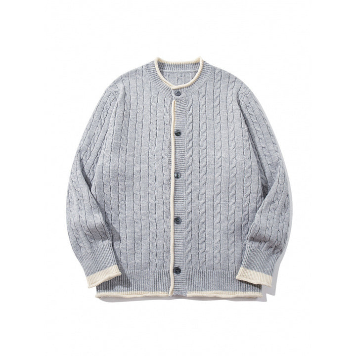 Unisex Feinstrick-Cardigan mit Zopfmuster, Rundhalsausschnitt und Kontrastblende Echo Archiv