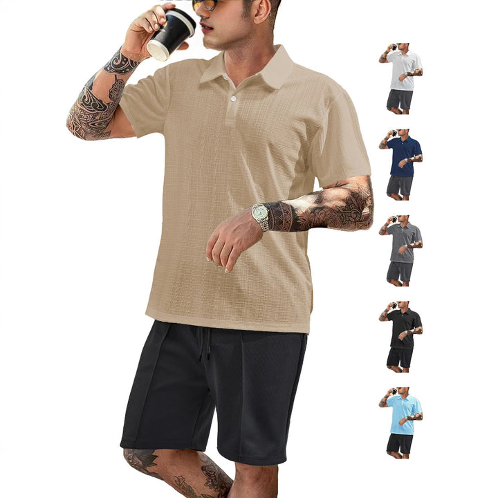 Herren nan zweiteiliges Sommer-Reise-Set mit texturiertem Kurzarm-Poloshirt und funktionalen Mesh-Shorts Echo Archiv