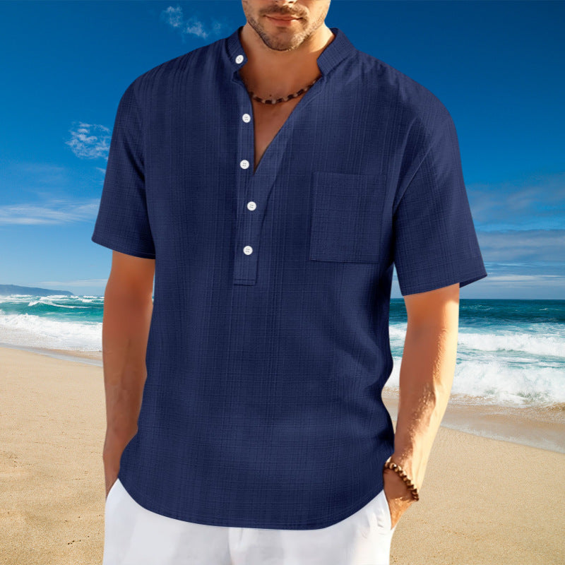 Herren Kurzarmhemd mit modischem Stehkragen und leichter Struktur Echoarchiv