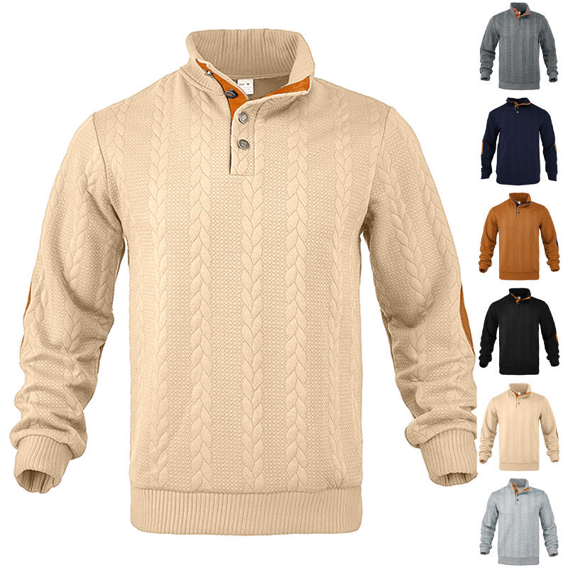 Herren nan lässiger Zopfstrickpullover mit verstärkter Knopfleiste und Wildleder-Ellenbogenpatches Echo Archiv
