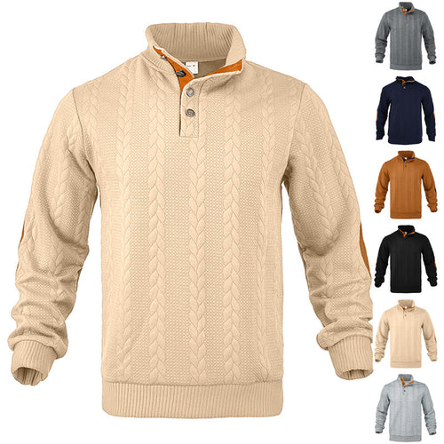 Herren nan lässiger Zopfstrickpullover mit verstärkter Knopfleiste und Wildleder-Ellenbogenpatches Echo Archiv