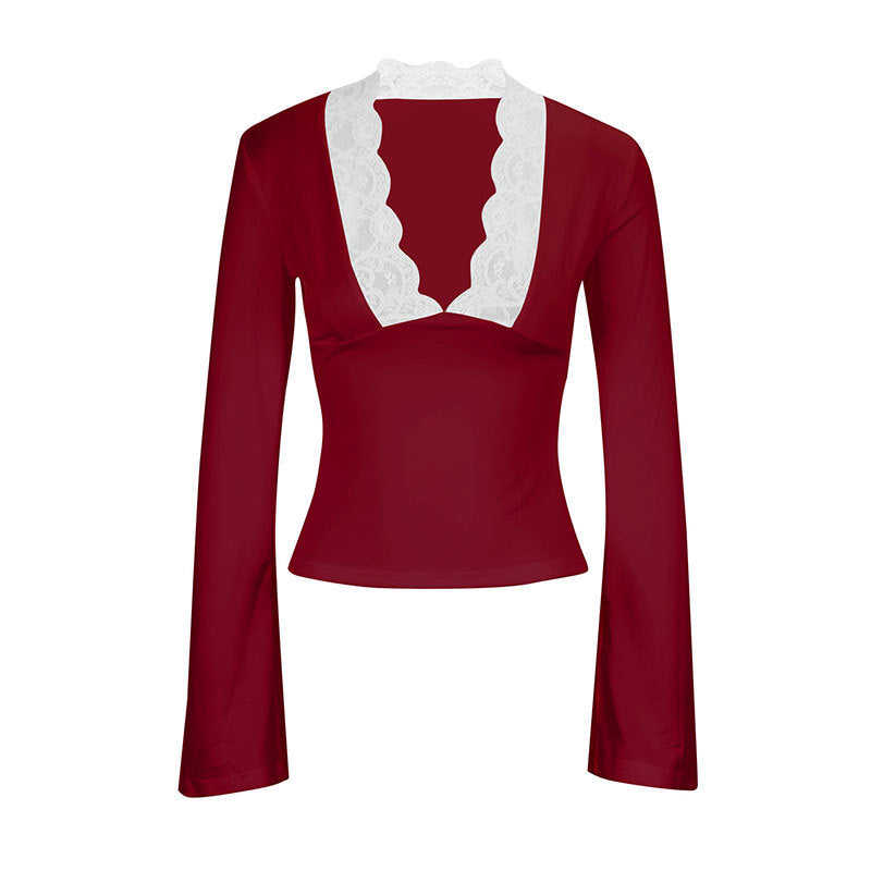 Damen Elegantes Langarm-Top mit Spitzenkragen Echo Archiv