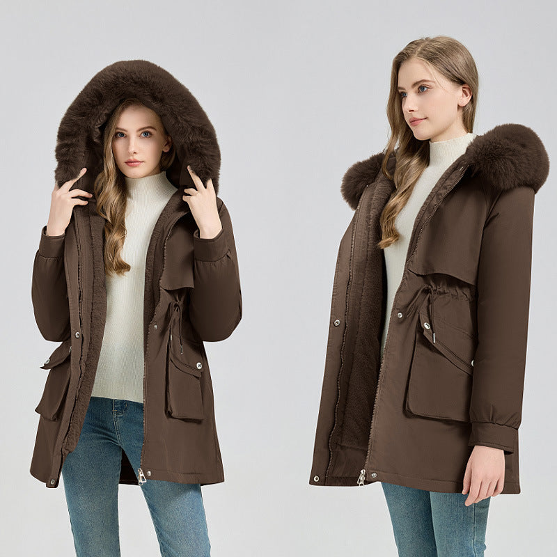 Damen Midilanger Thermoparka mit Teddy-Innenfutter, abnehmbarem Kunstpelzkragen und Taillenregulierung Echo Archiv
