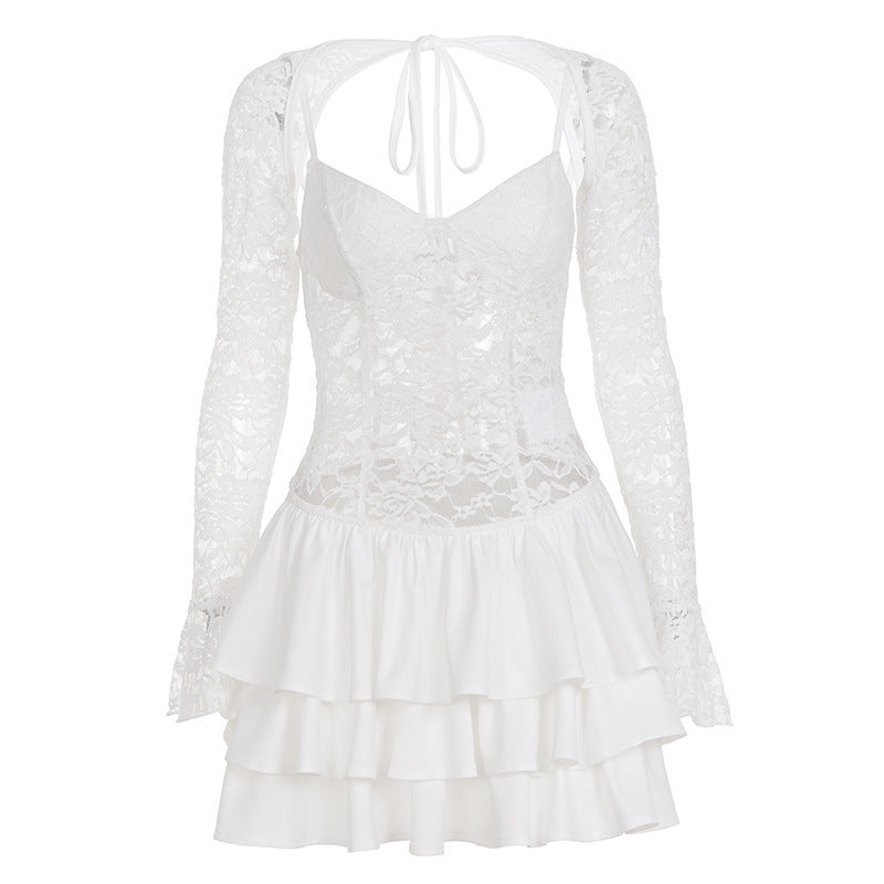 Damen Elegantes Spitzenkleid mit Rüschensaum und langen Ärmeln Echo Archiv