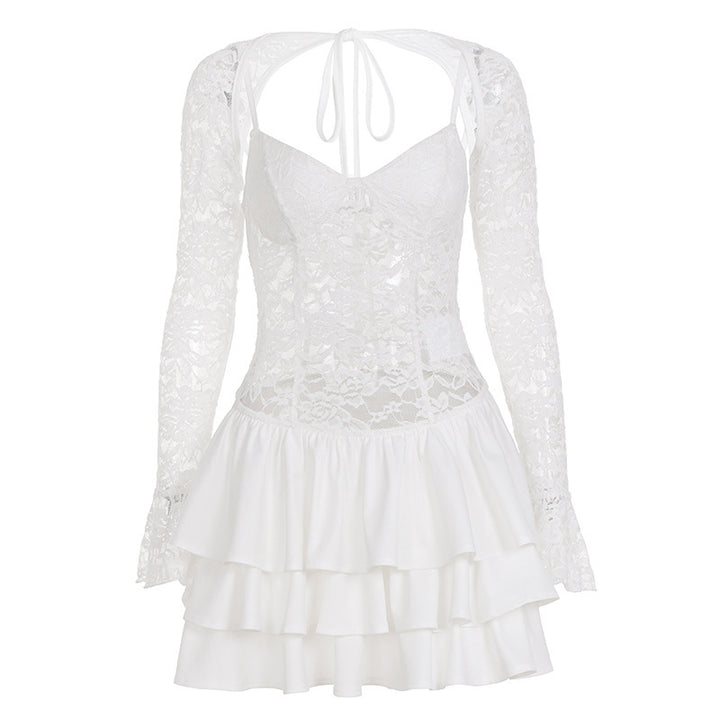 Damen Elegantes Spitzenkleid mit Rüschensaum und langen Ärmeln Echo Archiv