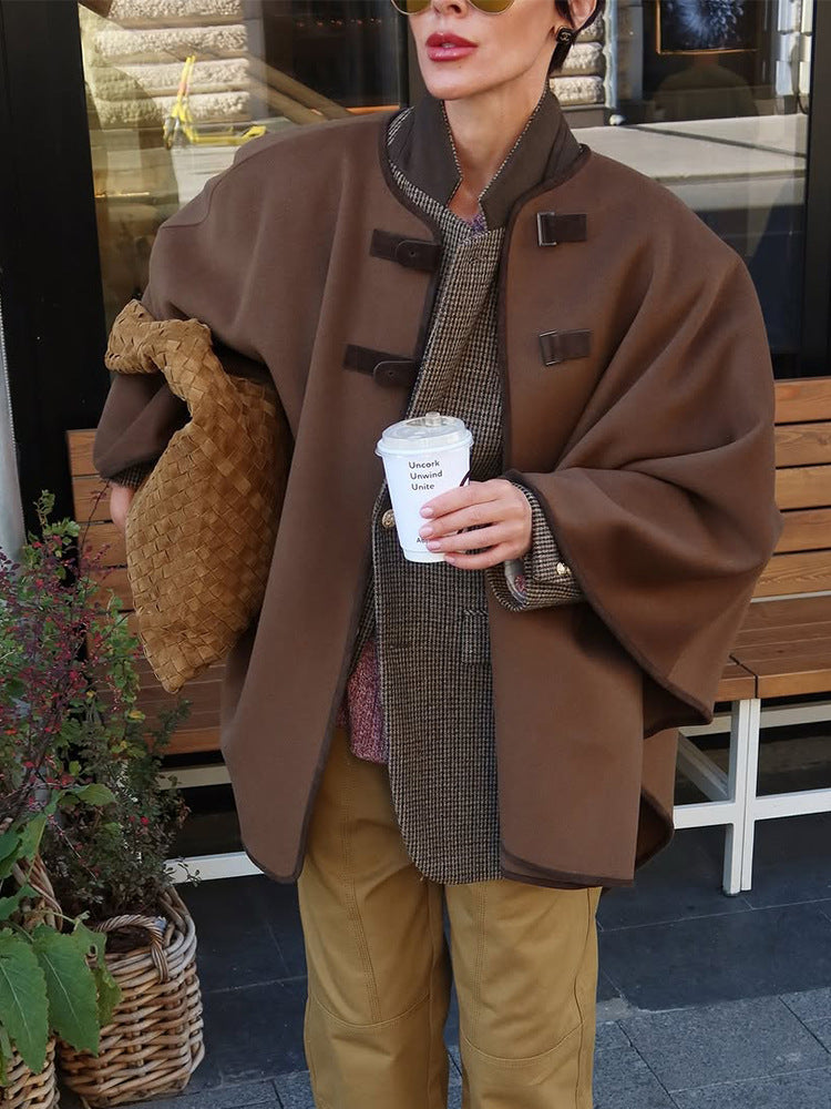 Damen Oversize Cape Mantel aus Wollmix mit hohem Stehkragen und Lederlaschen Echoarchiv