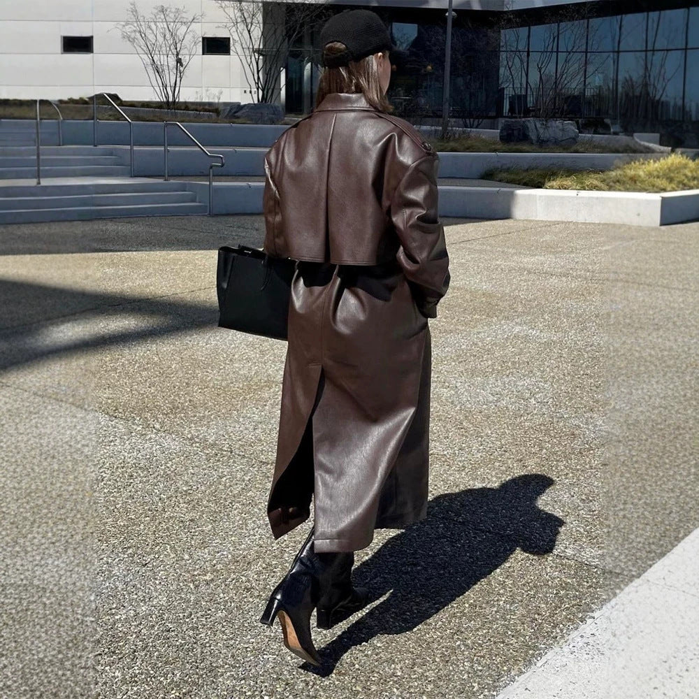 Damen Maxilanger Oversize Kunstleder-Trenchcoat mit weitem Revers und Taillengürtel Echoarchiv